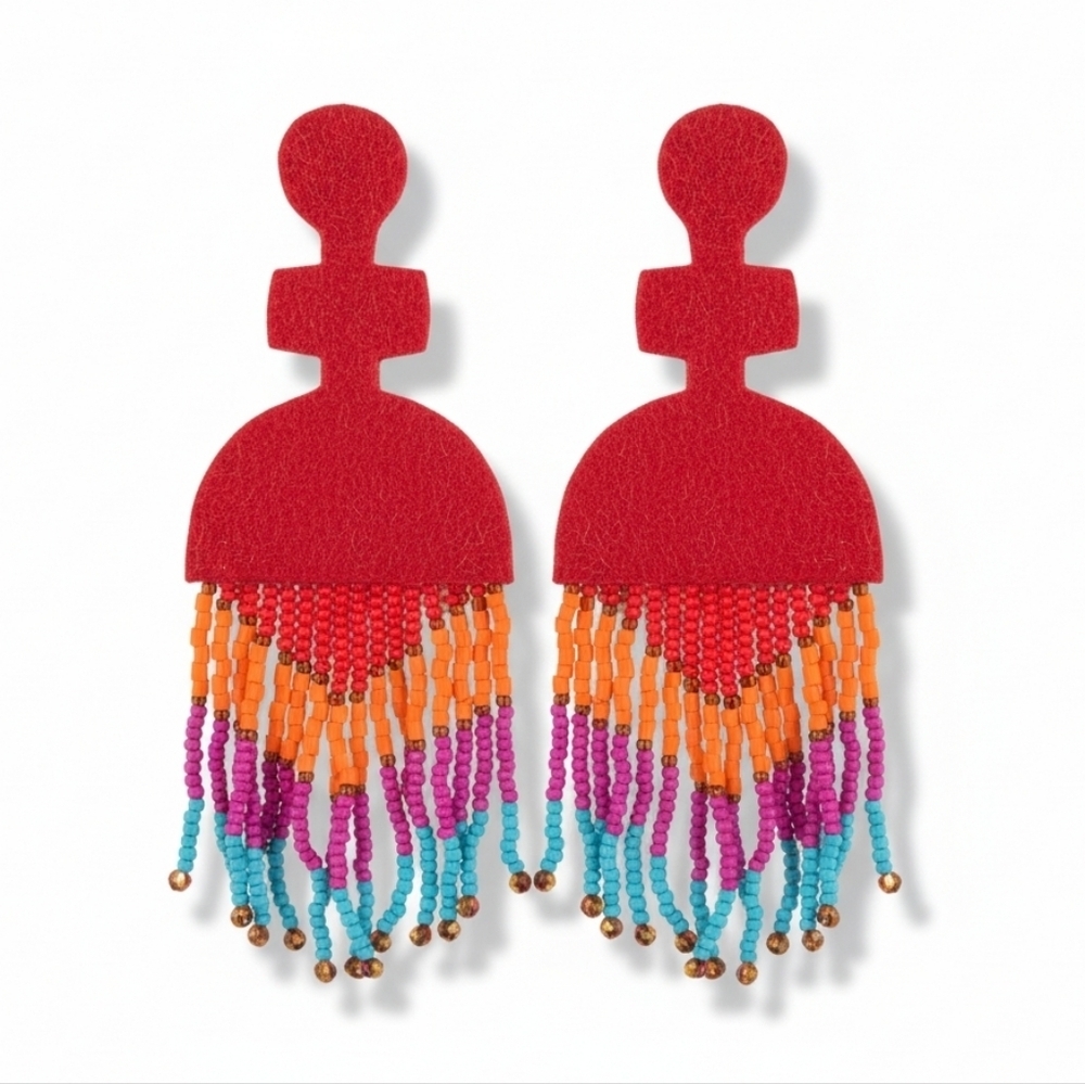 Colorful Seed Beaded Fringe Earrings Rainbow Boho Festival New - Picture 3 of 3